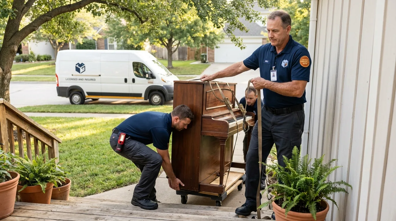 Licensed piano movers securing grand piano in Flushing, MI