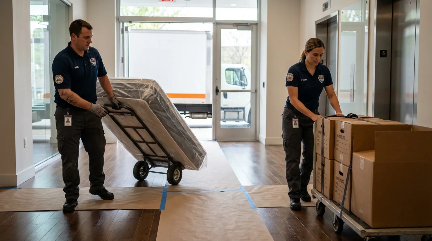 Professional apartment movers loading elevator in Flushing, MI